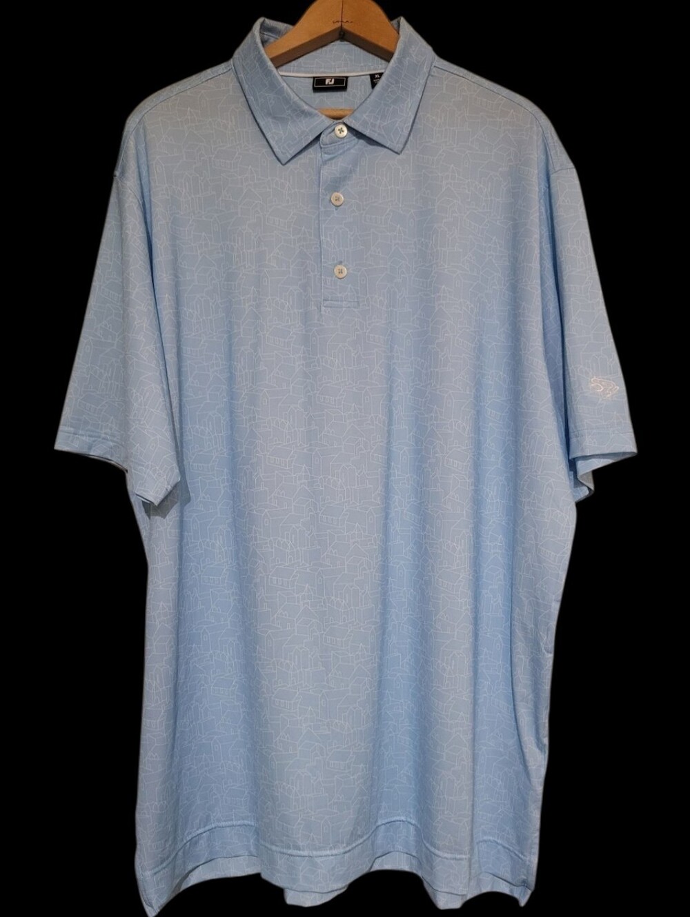 FootJoy Golf Polo Short Slv Light Blue Village Pattern Mens XL Embroiderd Frog